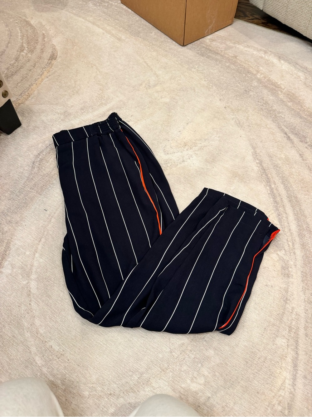 Anthropologie Navy Pinstripe Joggers with Red Trim